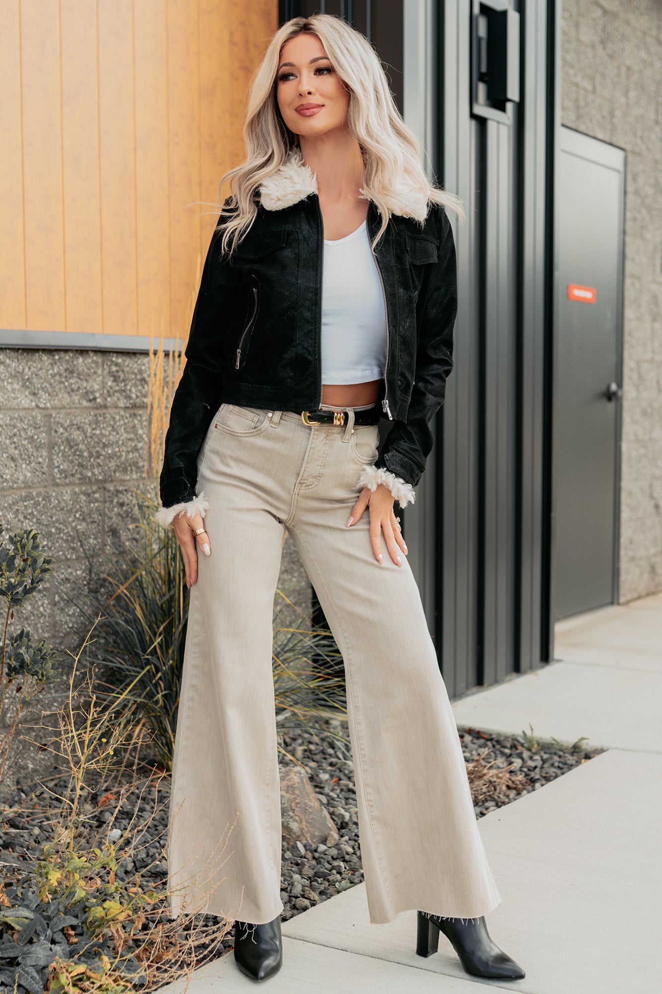 Lars Tummy Control Wide Leg Glittery Risen Jeans (Taupe) - NanaMacs