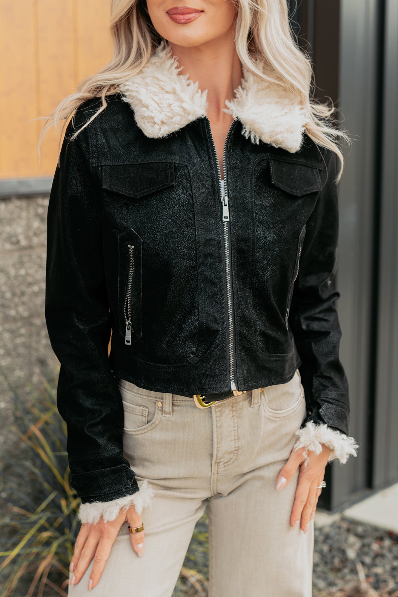 Soulful Strolls Shearling Aviator Jacket (Black/Cream) - NanaMacs
