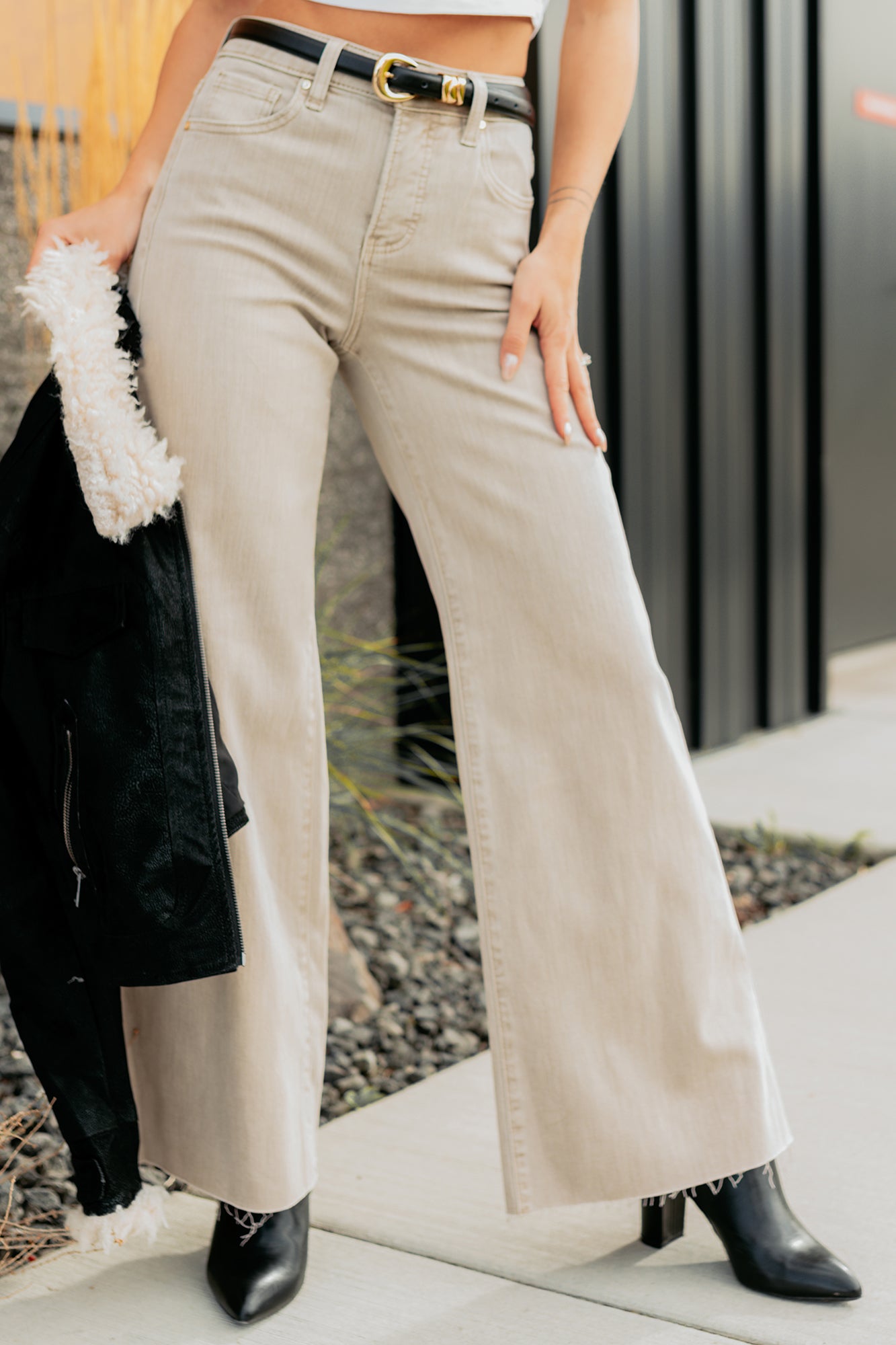 Lars Tummy Control Wide Leg Glittery Risen Jeans (Taupe) - NanaMacs