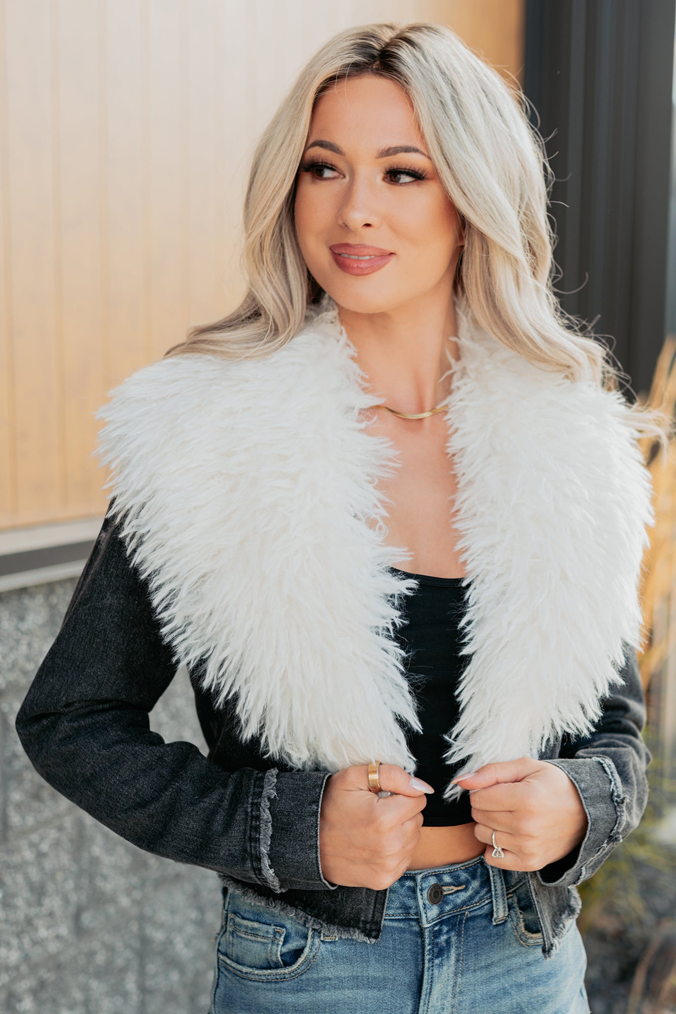 Unapologetic Glow Denim Fur Collar Jacket (Black) - NanaMacs