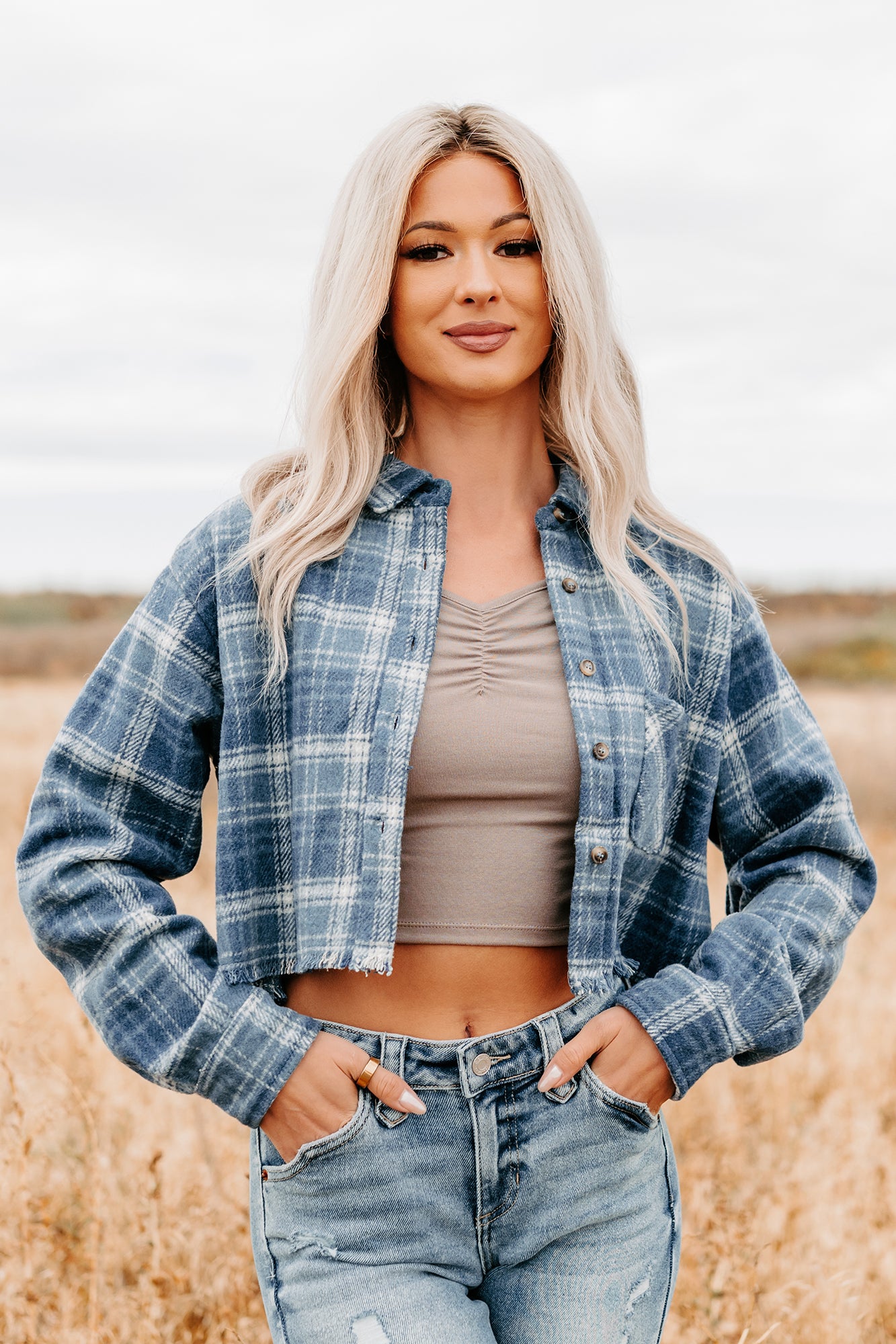 Bless This Mess Plaid Cropped Shacket (Blue) - NanaMacs