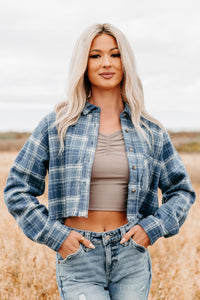 Bless This Mess Plaid Cropped Shacket (Blue) - NanaMacs