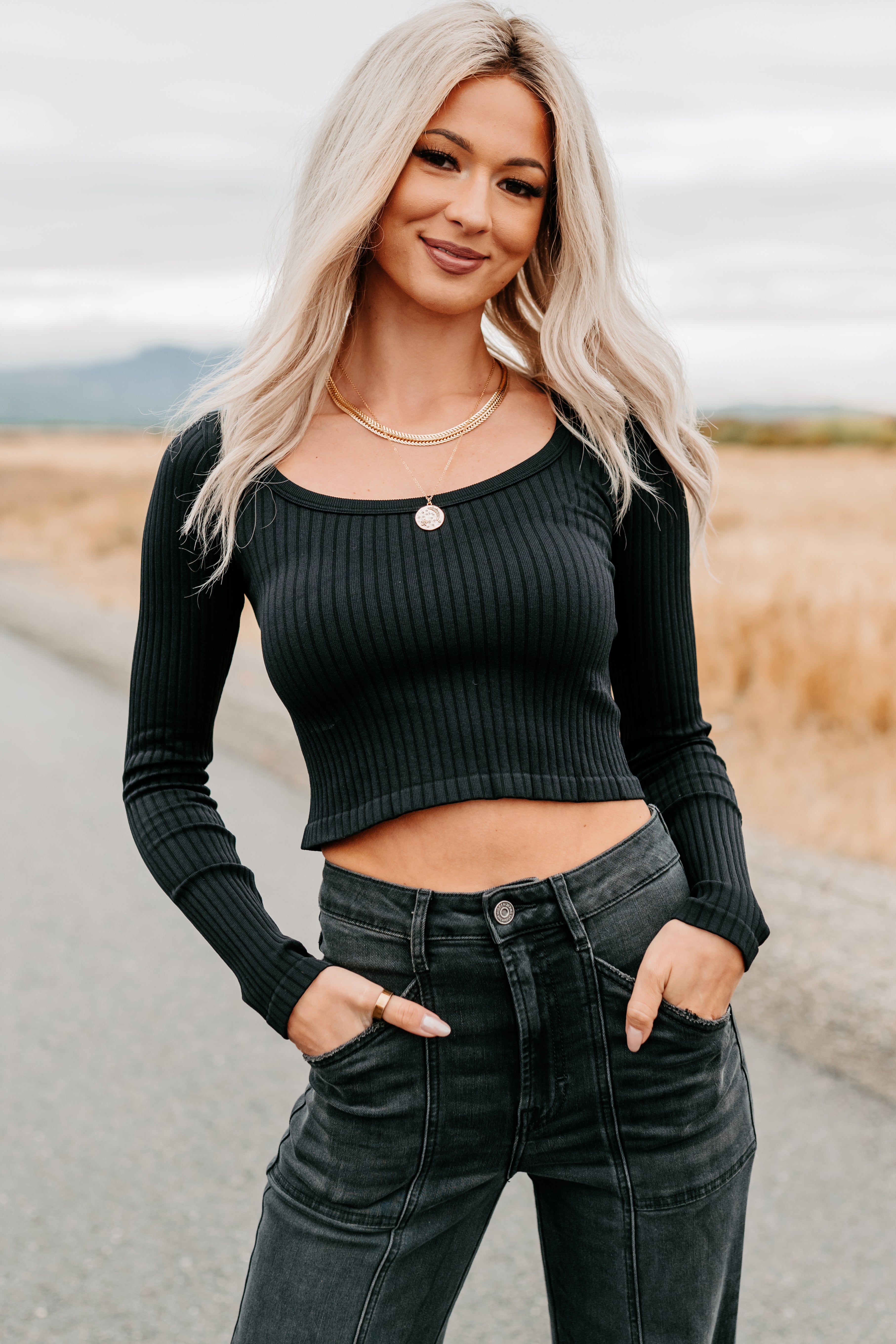 Evening Ease Scoop Neck Ribbed Crop Top (Black) - NanaMacs