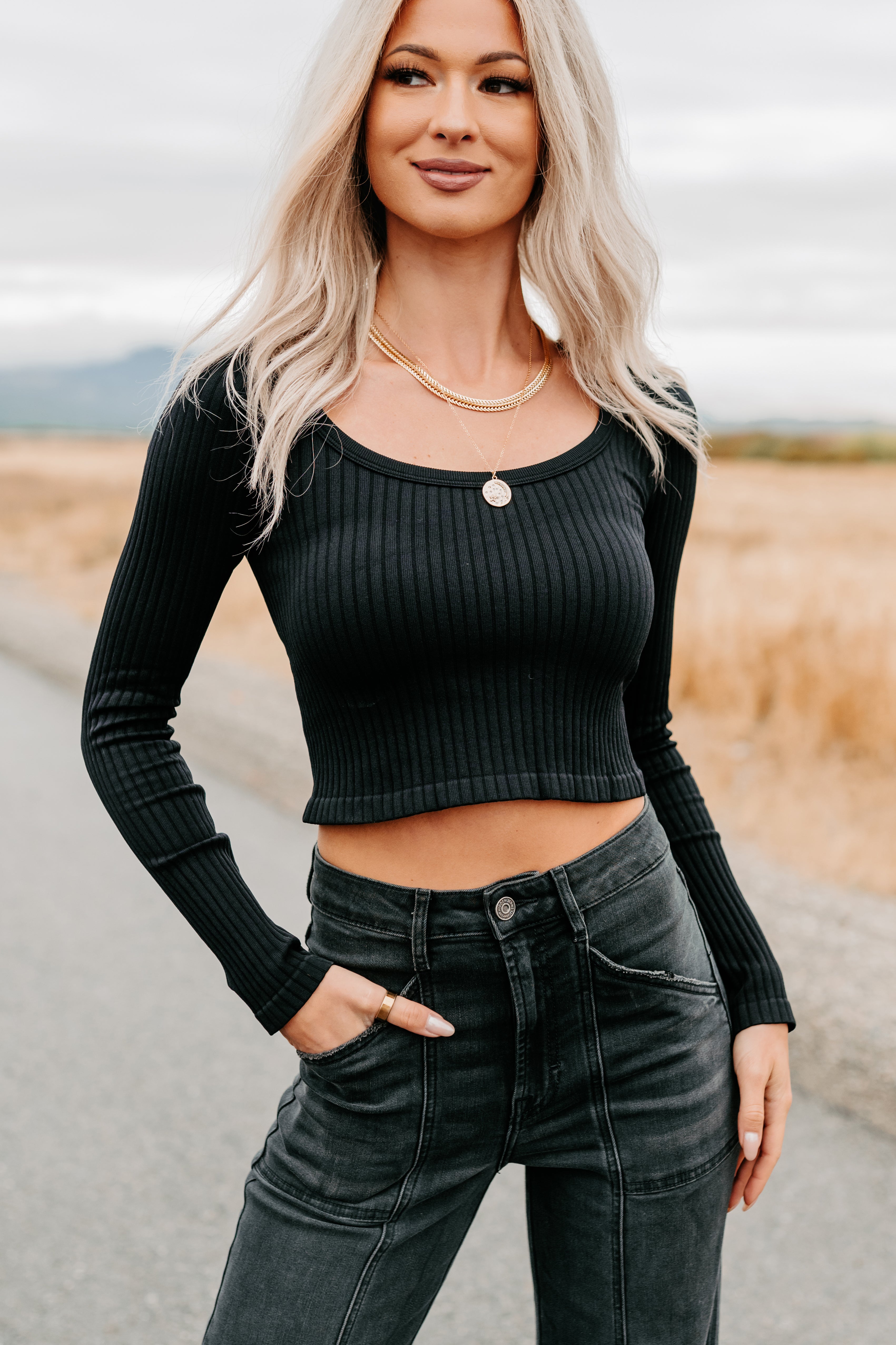 Evening Ease Scoop Neck Ribbed Crop Top (Black) - NanaMacs