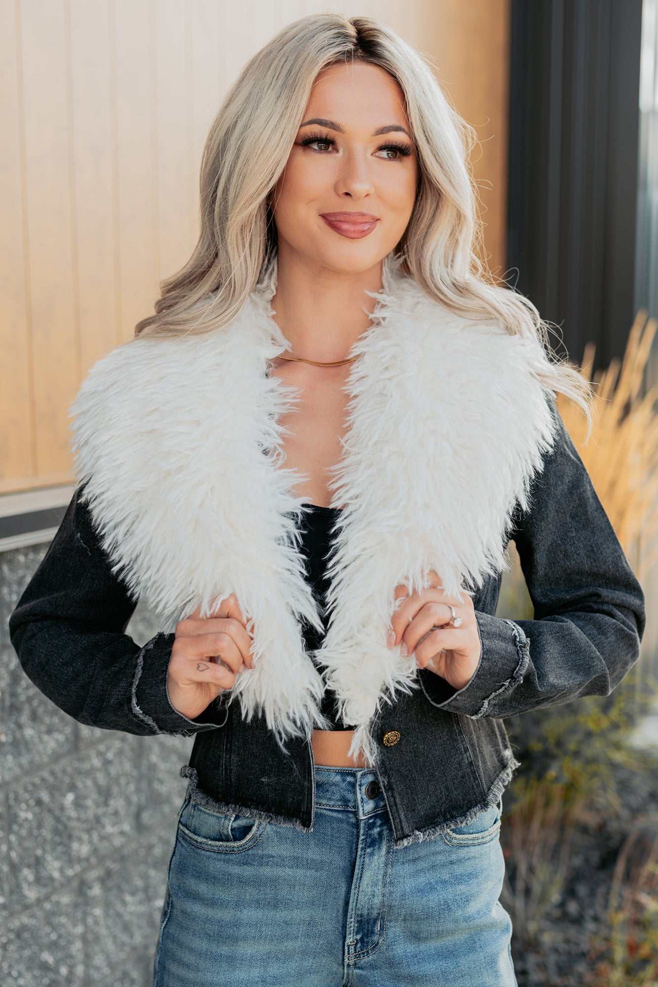 Unapologetic Glow Denim Fur Collar Jacket (Black) · NanaMacs Unapologetic Glow Denim Fur Collar Jacket (Black) · NanaMacs