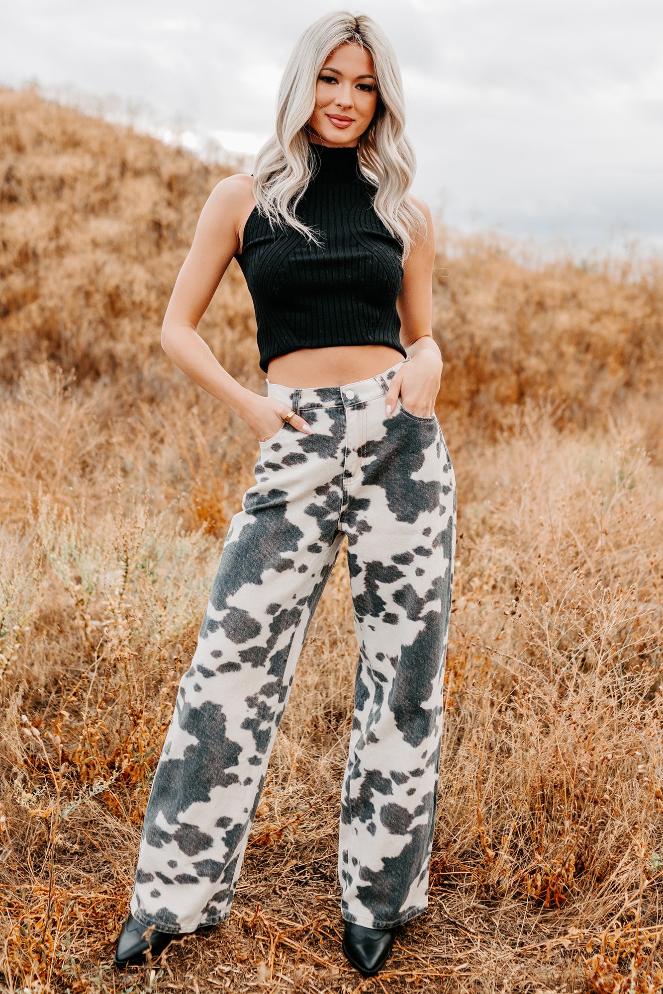 Willis Wide Leg Cow Print Klesis Jeans (Brown) - NanaMacs