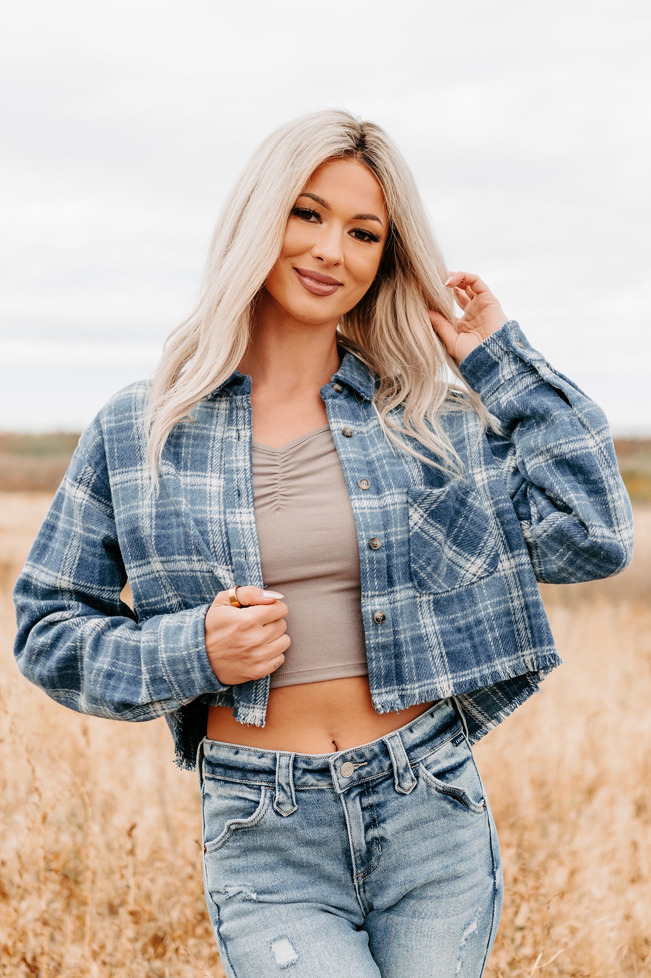 Bless This Mess Plaid Cropped Shacket (Blue) - NanaMacs