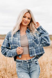 Bless This Mess Plaid Cropped Shacket (Blue) - NanaMacs