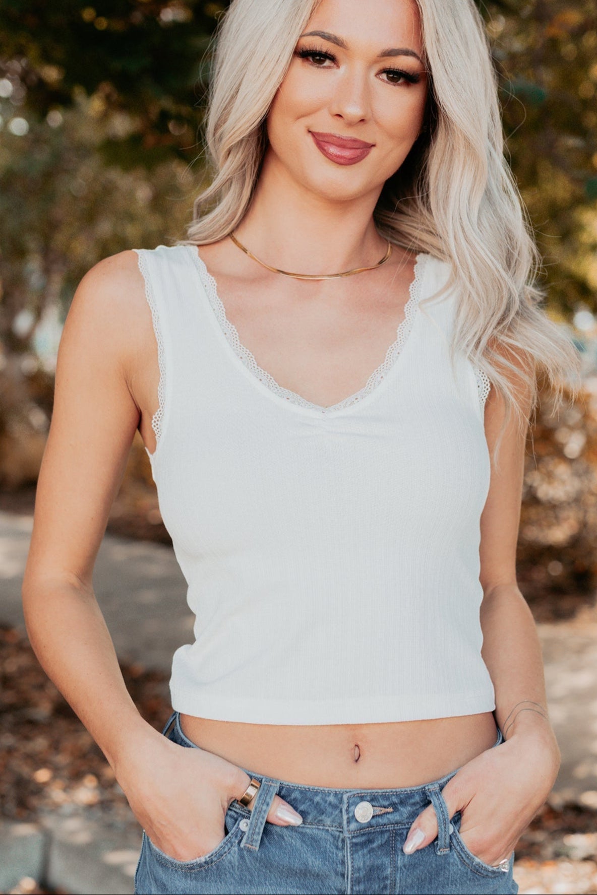 Bed Of Roses Ribbed Lace Trim Tank Top (White) - NanaMacs