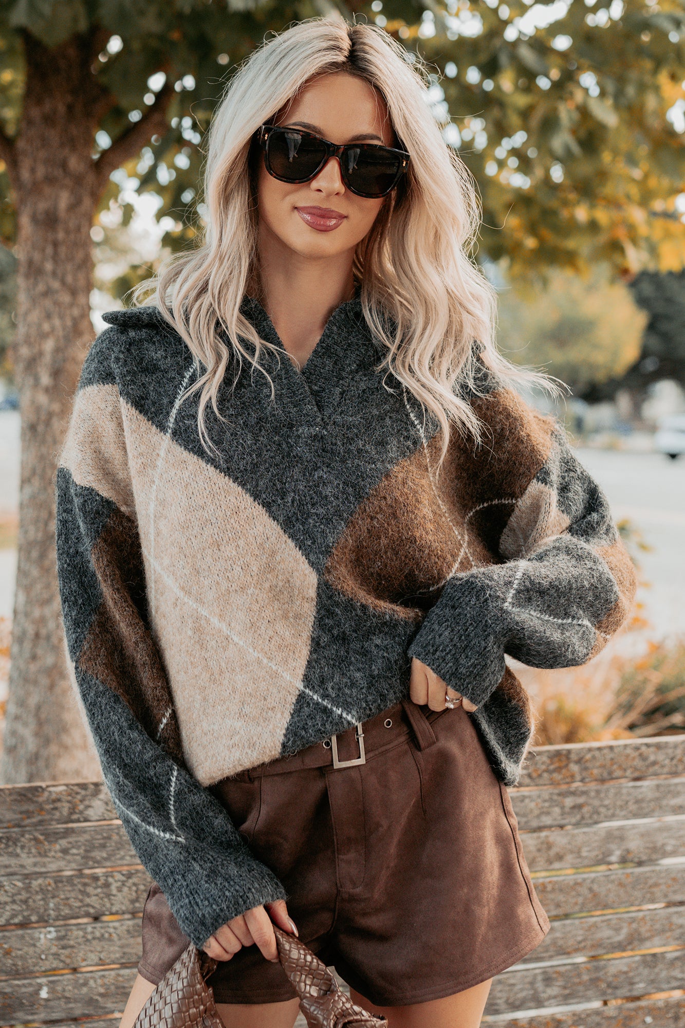 Easy Spirit Argyle Plaid Collared Sweater (Charcoal) · NanaMacs