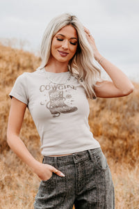 "Cosmic Cowgirl" Short Sleeve Graphic Top (Taupe) - NanaMacs