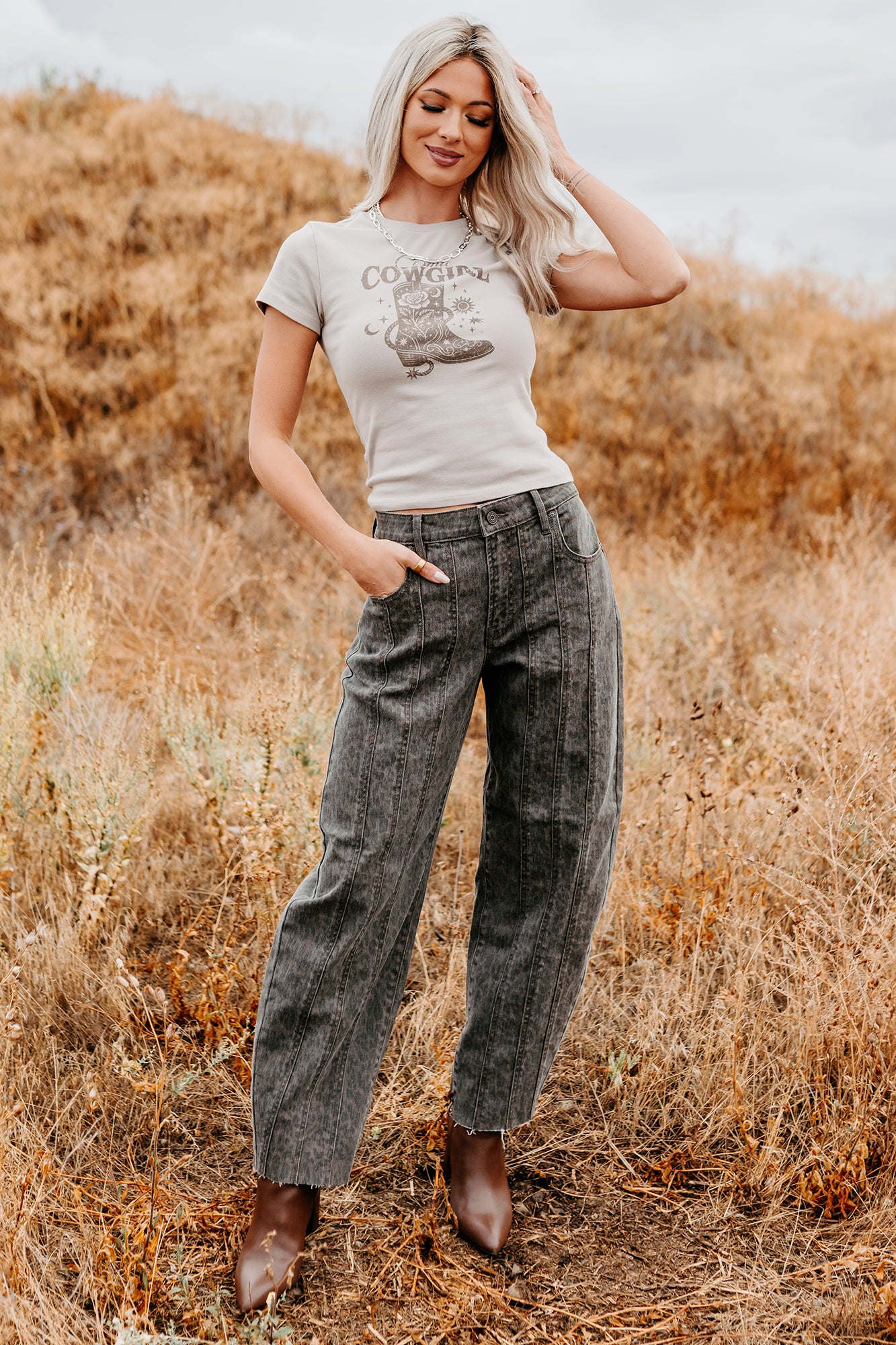 "Cosmic Cowgirl" Short Sleeve Graphic Top (Taupe) - NanaMacs