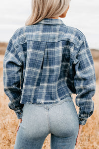 Bless This Mess Plaid Cropped Shacket (Blue) - NanaMacs