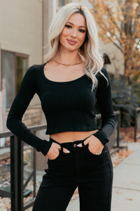 Evening Ease Scoop Neck Ribbed Crop Top (Black) - NanaMacs