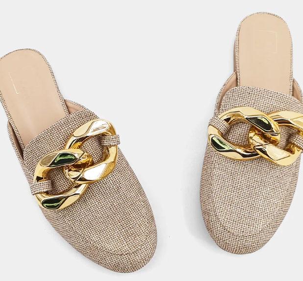 PREORDER Alexis Chain Detail Mules (Gold Woven) - NanaMacs