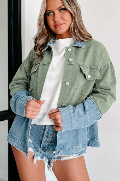 Cute In Queens Denim/Corduroy Jacket (Olive/Blue) - NanaMacs