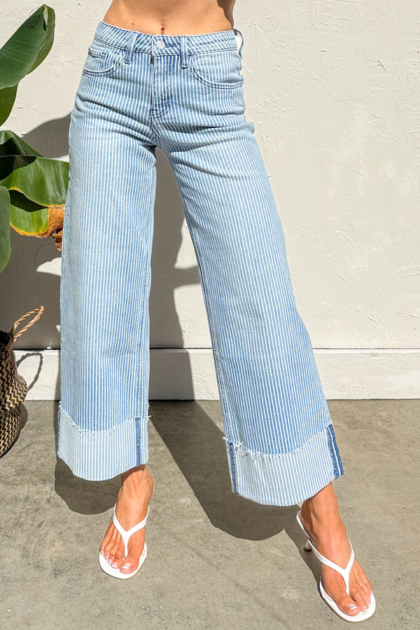 Alexei High Rise Vervet Cuffed Wide Leg Jeans (Stripe) - NanaMacs
