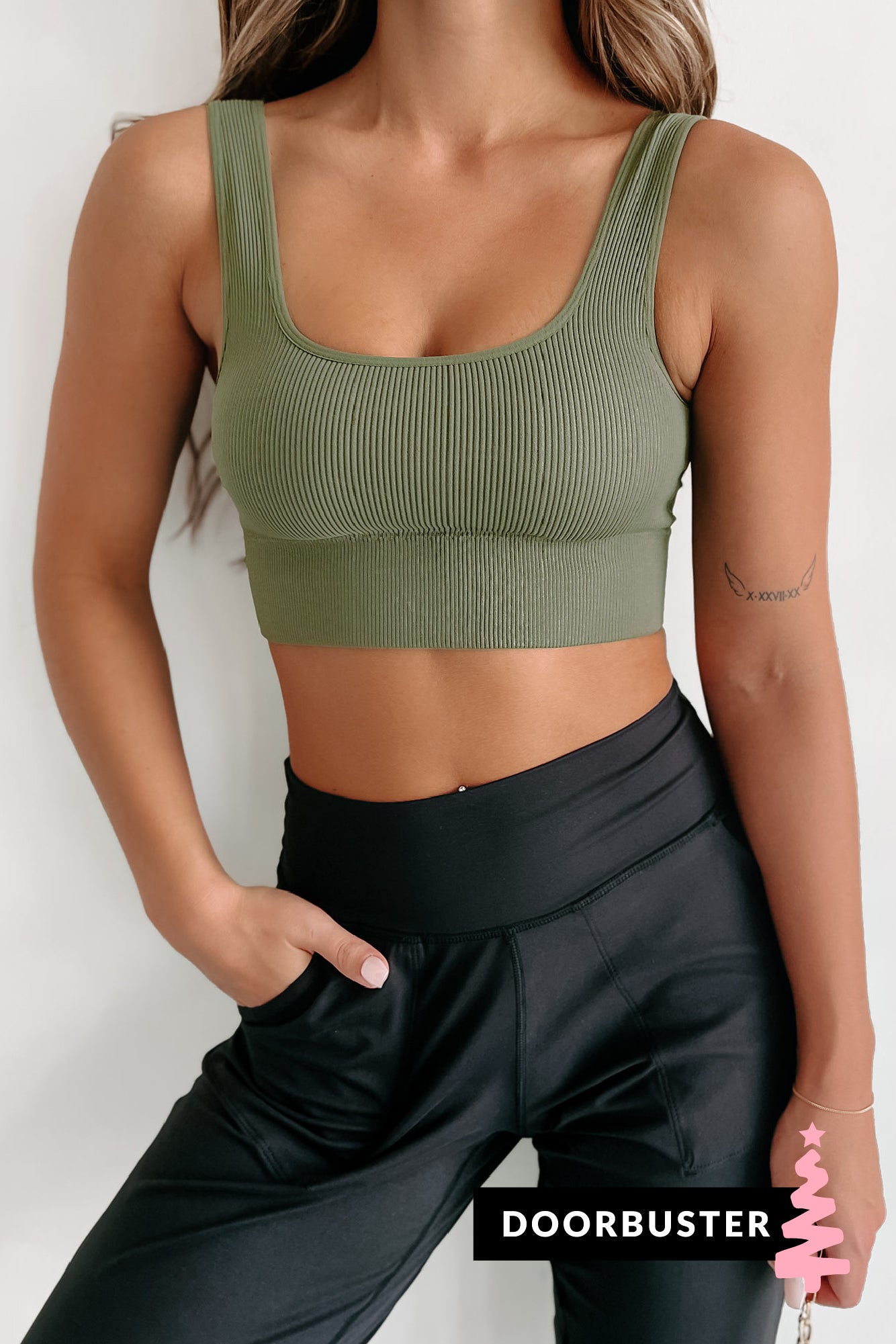 Doorbuster Start The Clock Ribbed Padded Active Top (Light Olive) - NanaMacs