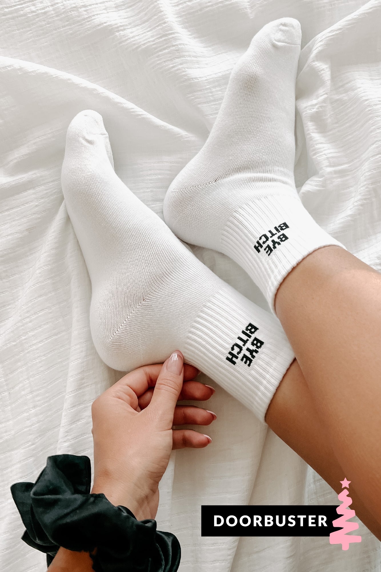 Doorbuster "Bye Bitch" Graphic Crew Socks (White) - NanaMacs