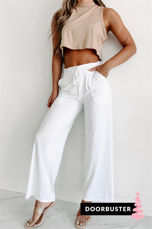 Doorbuster Just Relaxing Wide Leg Drawstring Waist Lounge Pants (White) - NanaMacs