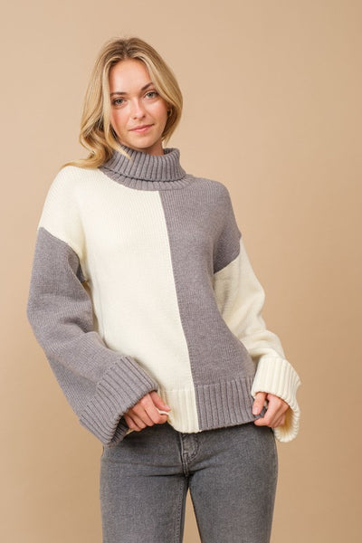 Divided Opinions Colorblock Cowl Neck Sweater (Heather Grey) - NanaMacs