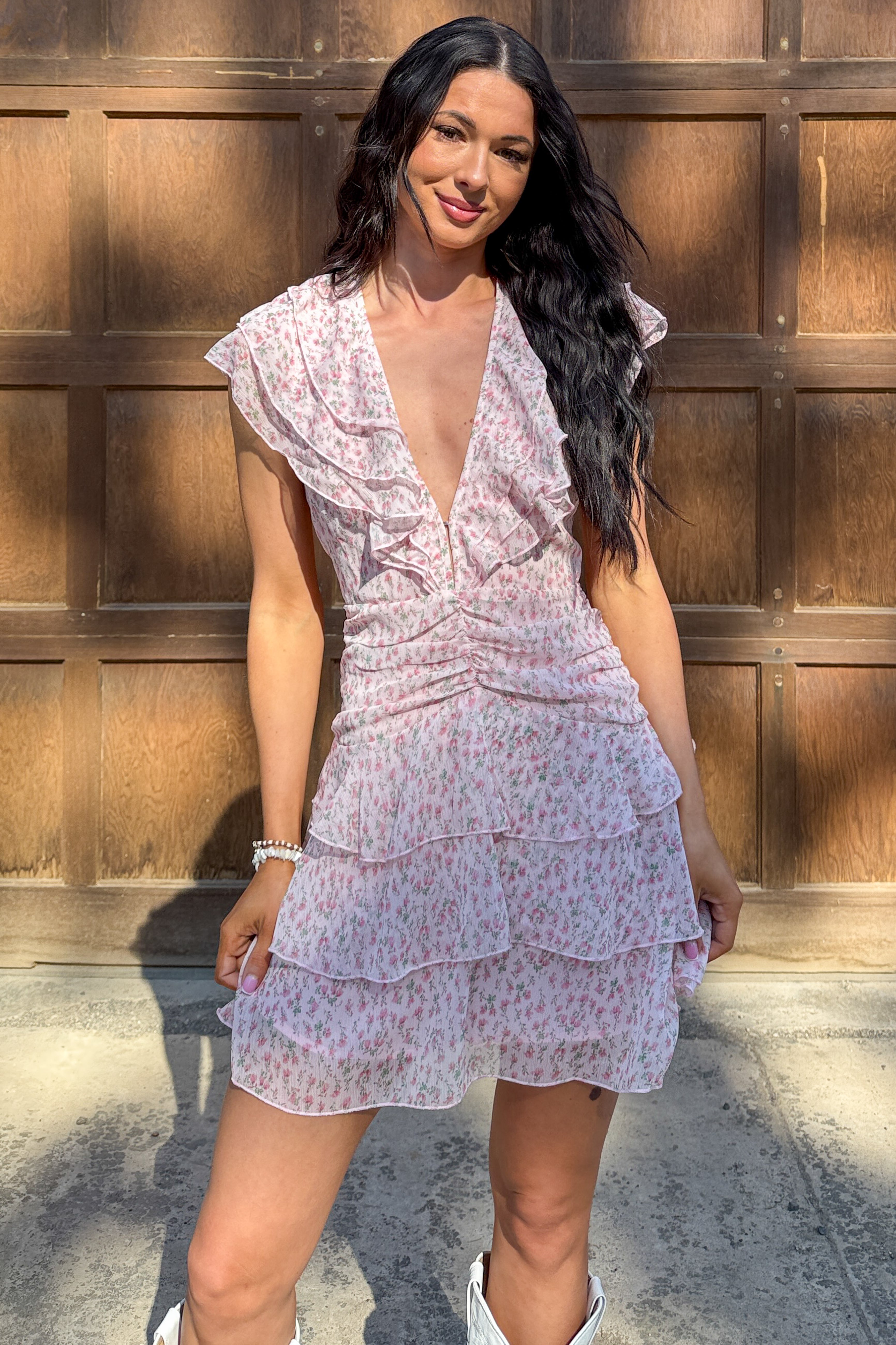 Beautiful Love Story Ruffled Floral Mini Dress (Pink) - NanaMacs