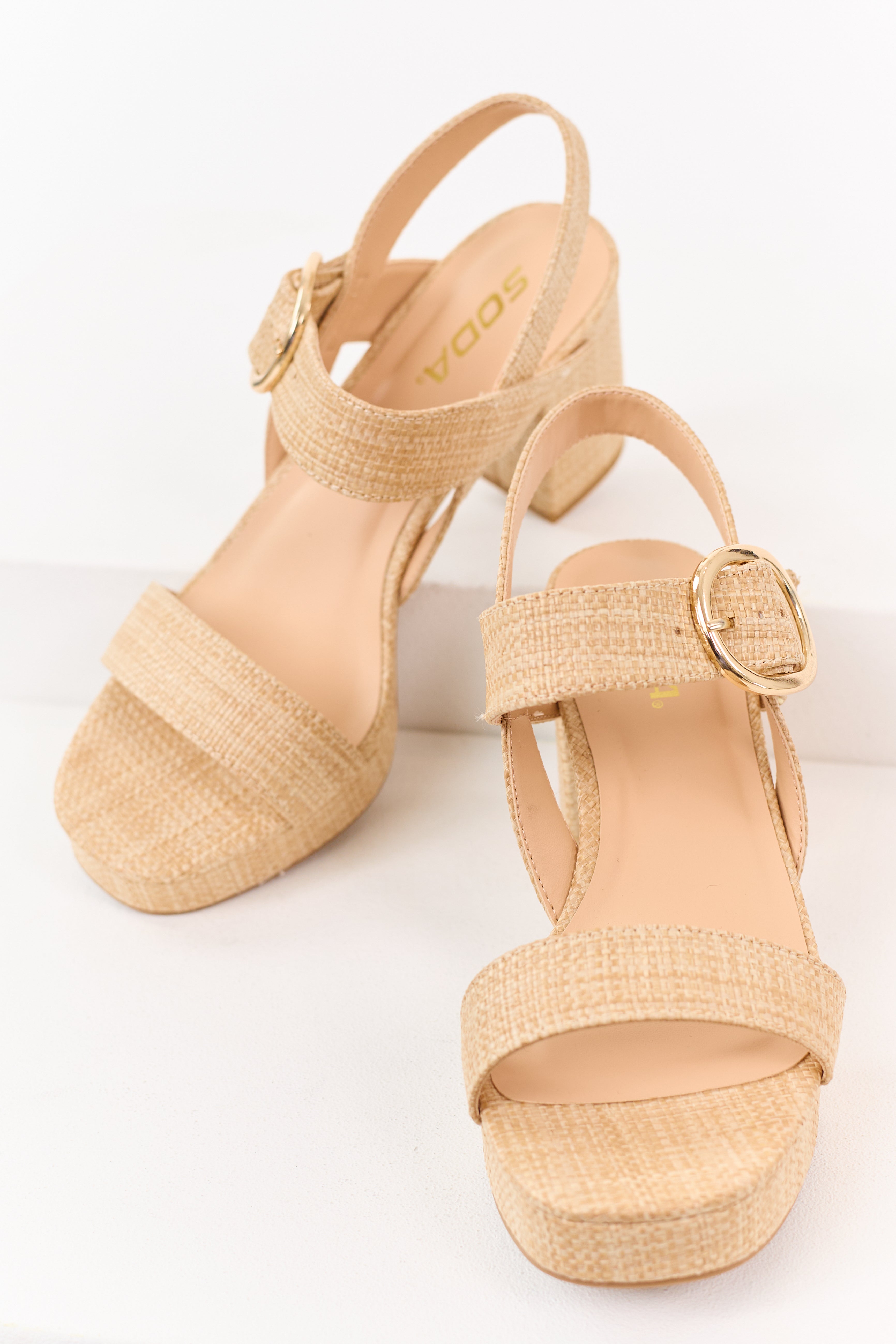 Off Duty Staple Platform Raffia Block Heels (Natural) - NanaMacs