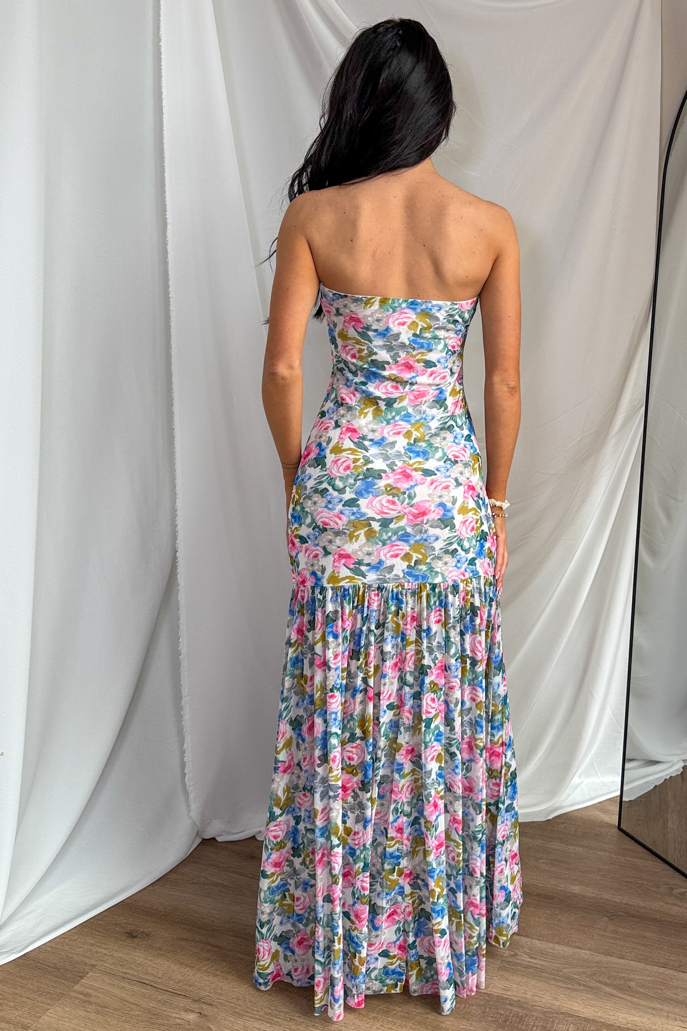 Blush & Breeze Floral Front Slit Mesh Maxi Dress (Cream) - NanaMacs