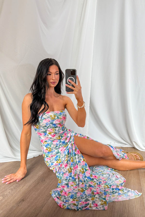 Blush & Breeze Floral Front Slit Mesh Maxi Dress (Cream) - NanaMacs