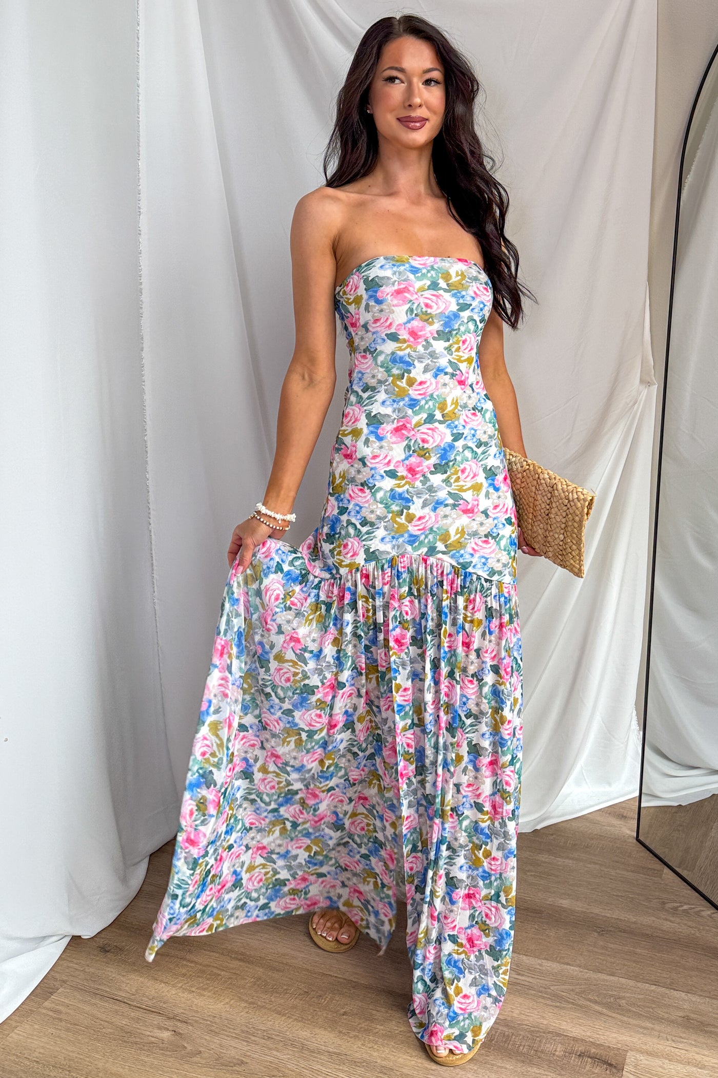 Blush & Breeze Floral Front Slit Mesh Maxi Dress (Cream) - NanaMacs
