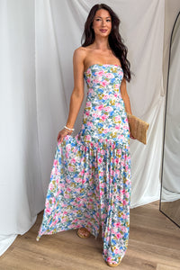 Blush & Breeze Floral Front Slit Mesh Maxi Dress (Cream) - NanaMacs