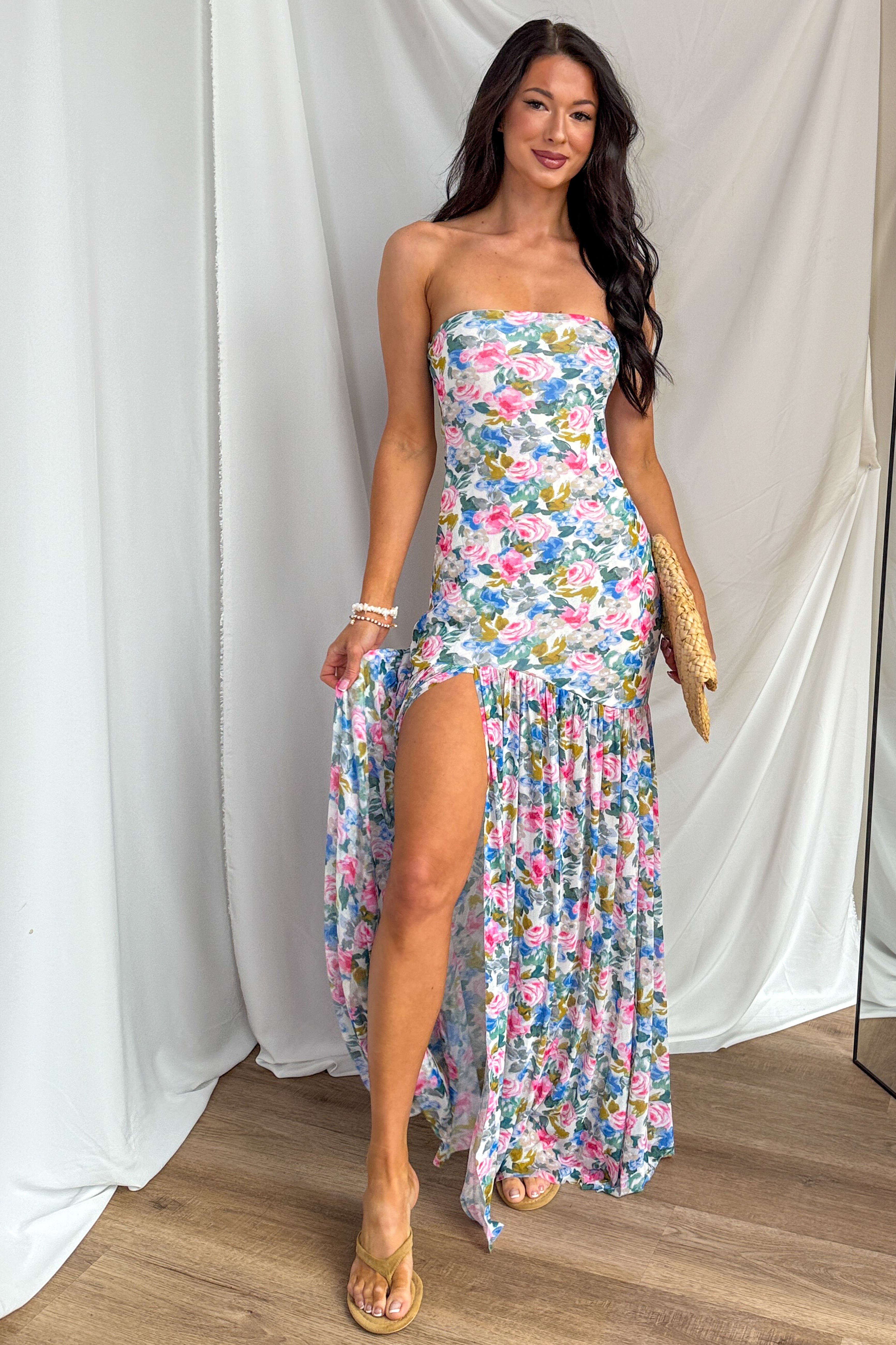 Blush & Breeze Floral Front Slit Mesh Maxi Dress (Cream) - NanaMacs