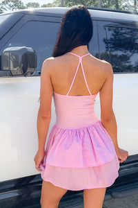 Blushing Blooms Tiered Ribbed Halter Mini Dress (Pink) - NanaMacs