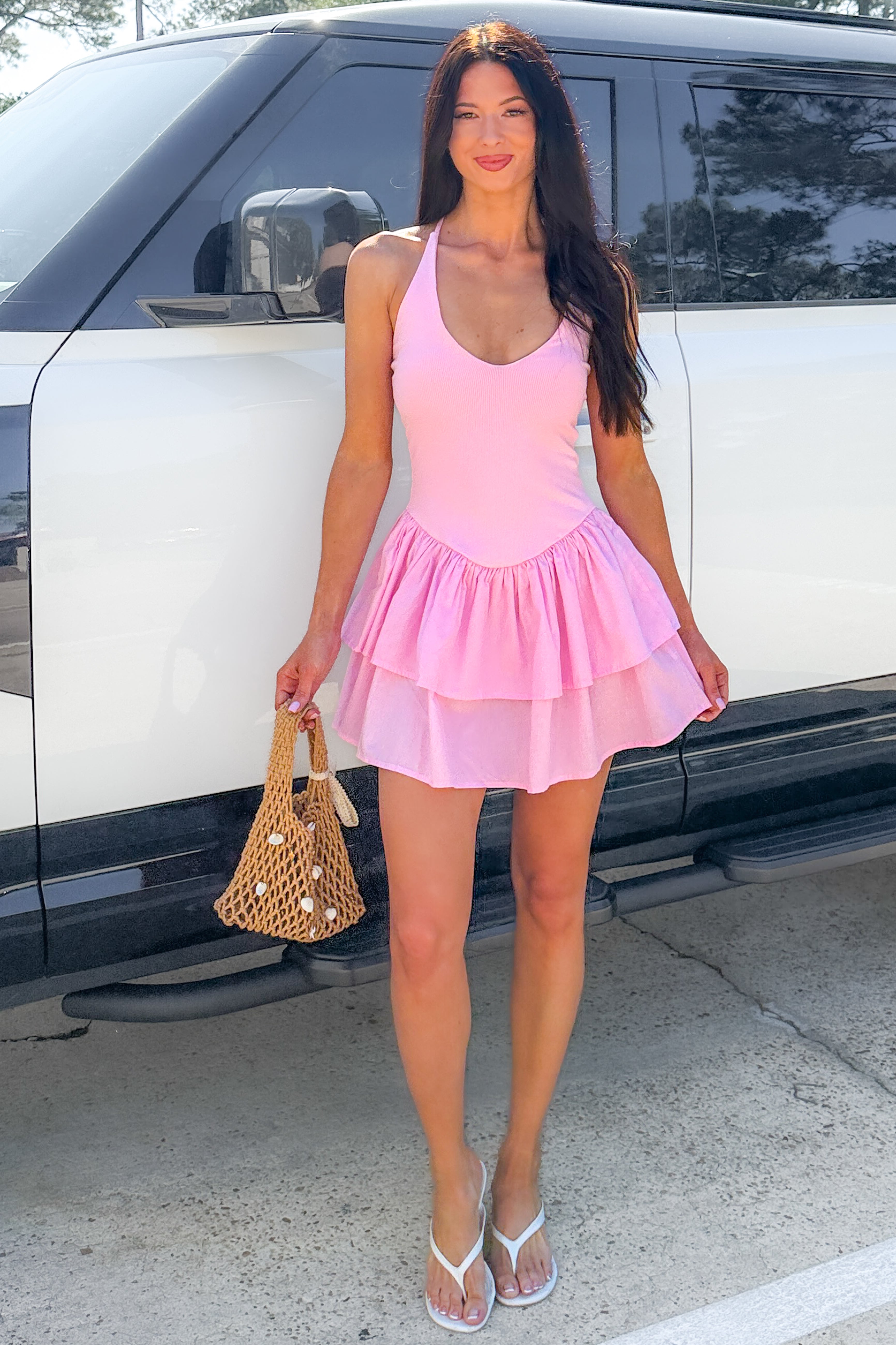 Blushing Blooms Tiered Ribbed Halter Mini Dress (Pink) - NanaMacs