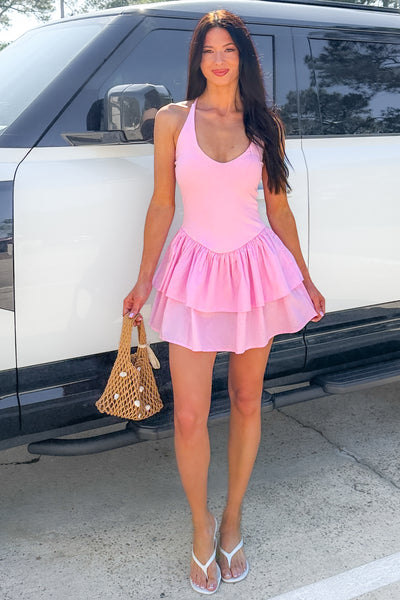 Blushing Blooms Tiered Ribbed Halter Mini Dress (Pink) - NanaMacs