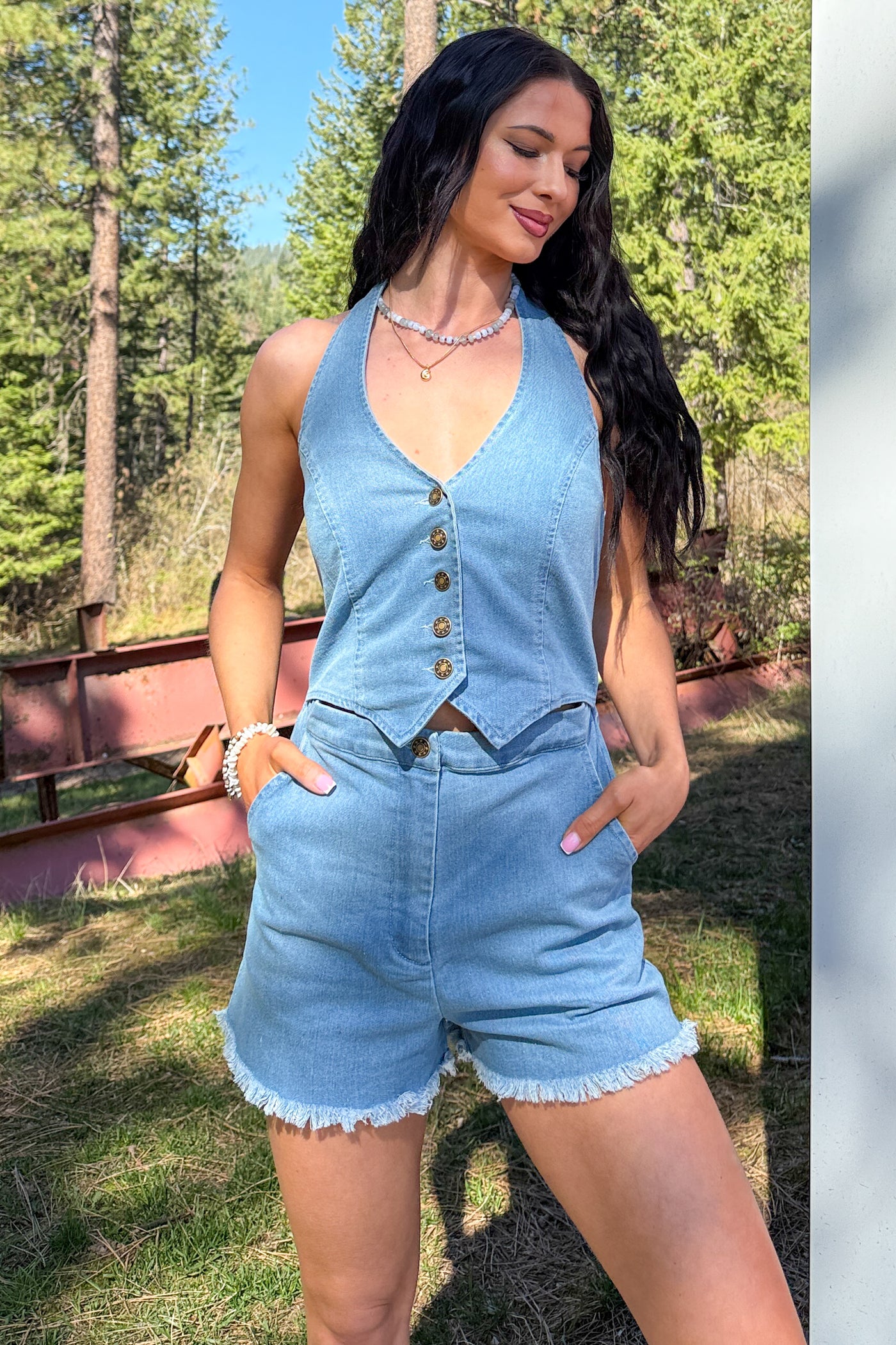 Born And Raised Denim Halter Vest Romper (Denim) - NanaMacs