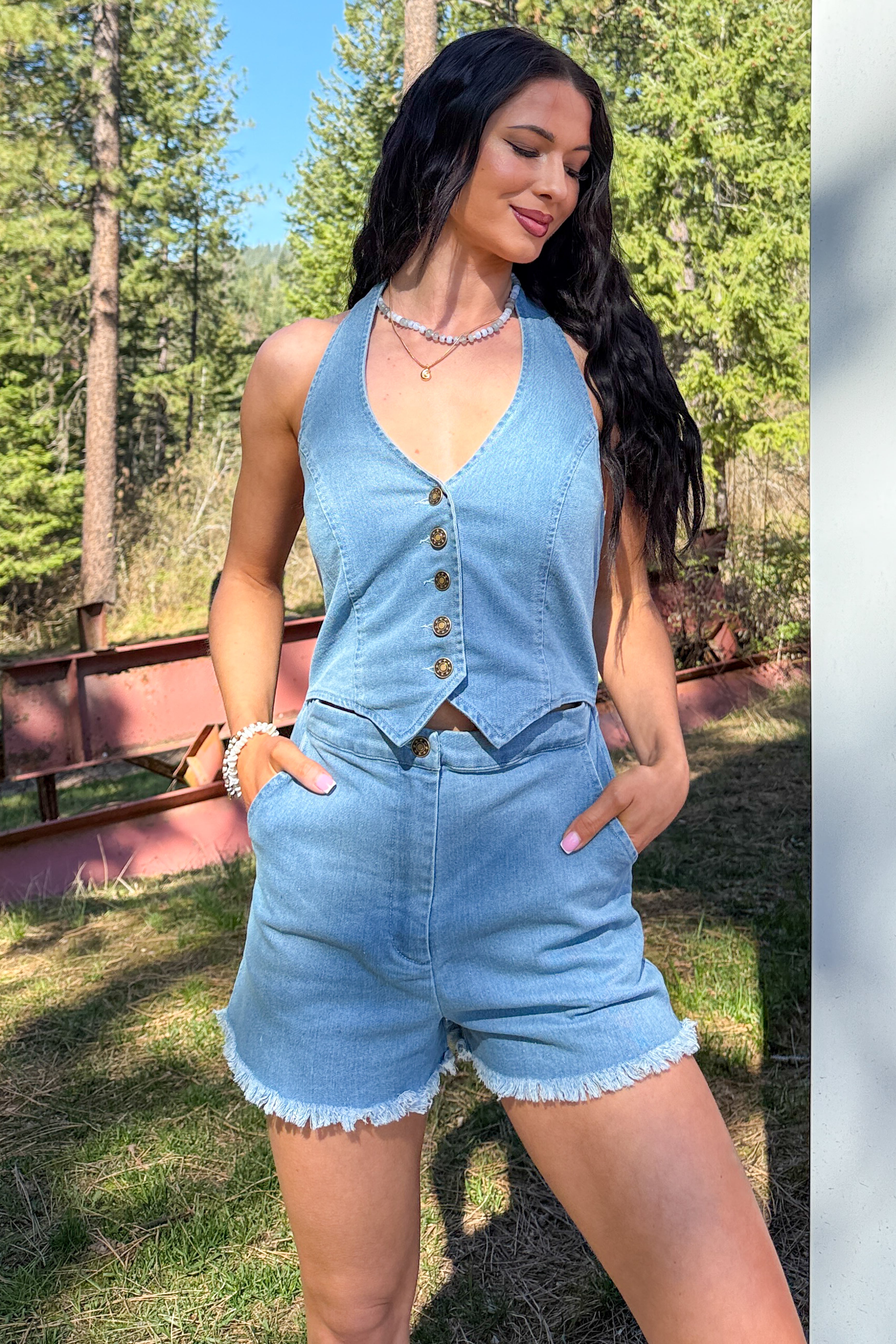 Born And Raised Denim Halter Vest Romper (Denim) - NanaMacs