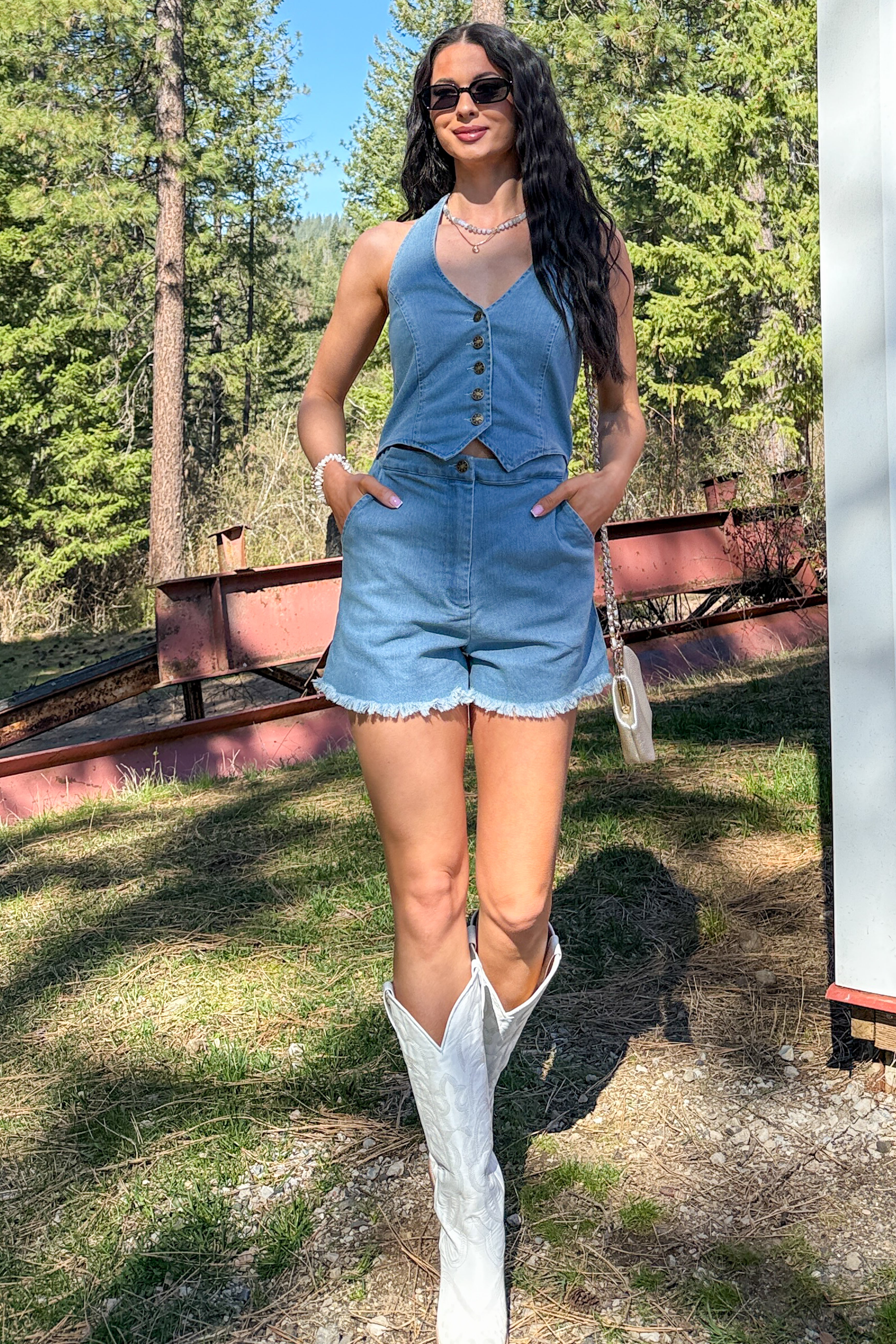 Born And Raised Denim Halter Vest Romper (Denim) - NanaMacs