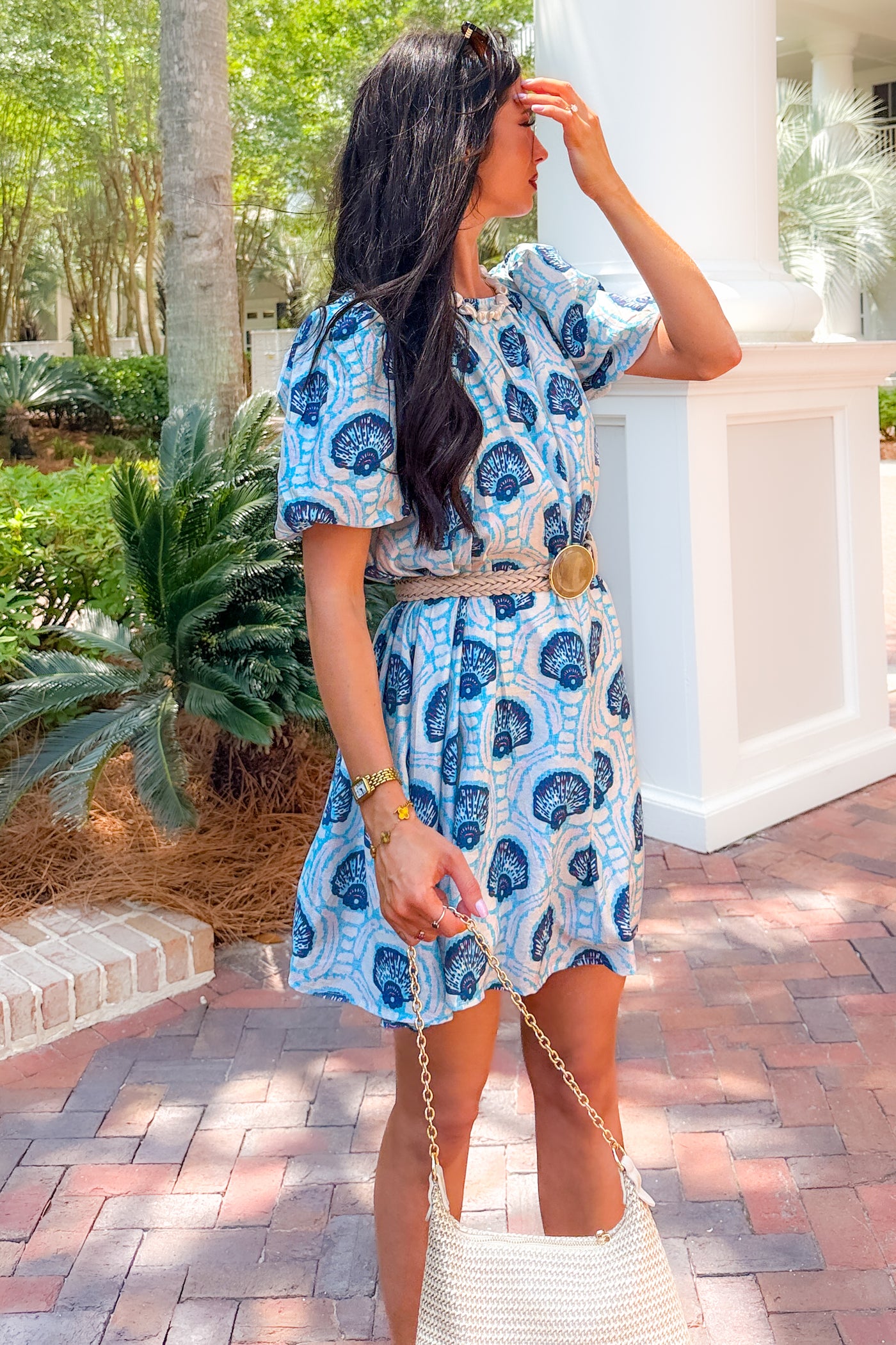 By The Bay Seashell Print Flowy Mini Dress (Blue) - SMALL By The Bay Seashell Print Flowy Mini Dress (Blue) - SMALL