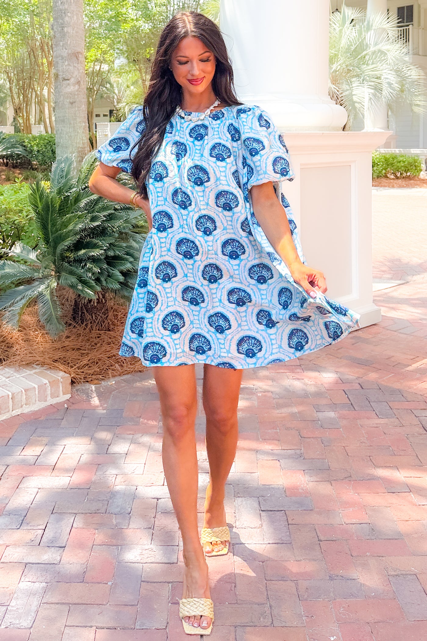 By The Bay Seashell Print Flowy Mini Dress (Blue) - NanaMacs