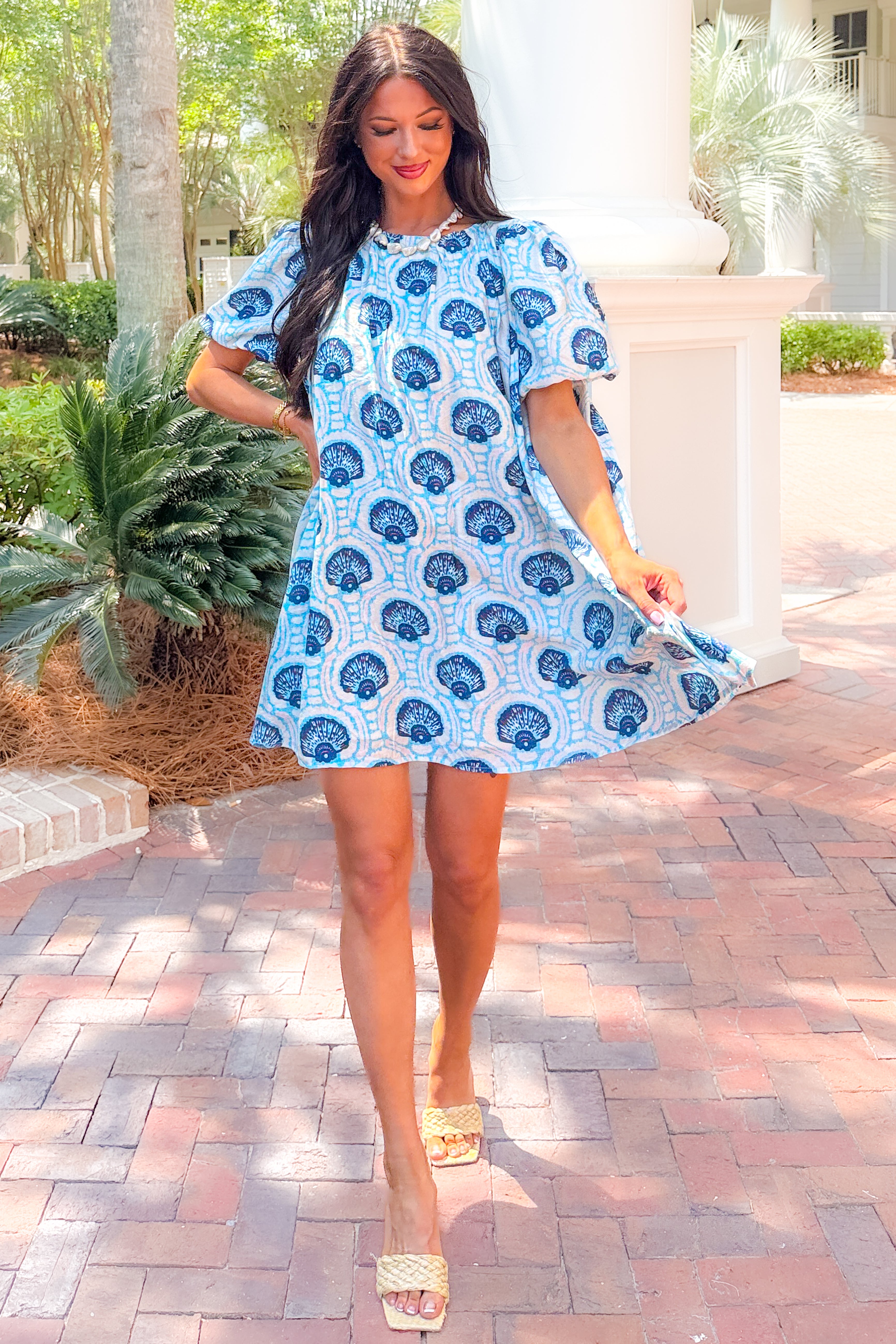 By The Bay Seashell Print Flowy Mini Dress (Blue) - NanaMacs