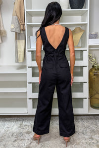 Casual Icon Sleeveless V Neck Denim Jumpsuit (Black) - NanaMacs