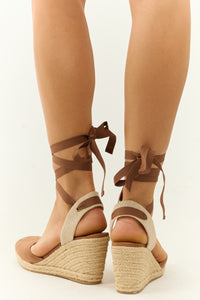 Catch Me If You Can Ankle Tie Espadrille Wedges (Camel) - NanaMacs