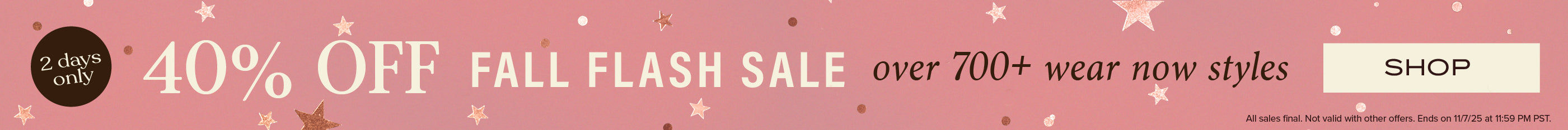 Promotional banner with 40% off fall flash sale text on a pink background