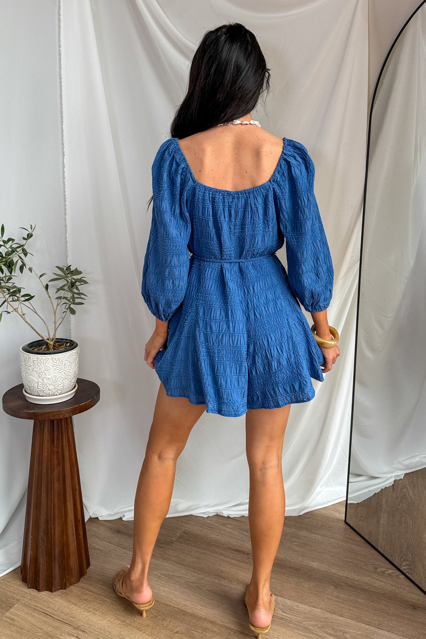 Comfortable Cool Velvet Textured Button Down Romper (Retro Blue) - NanaMacs