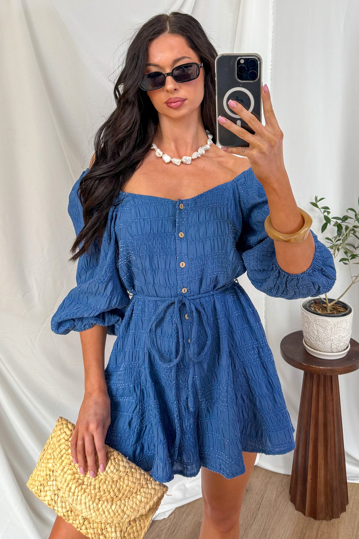 Comfortable Cool Velvet Textured Button Down Romper (Retro Blue) - NanaMacs