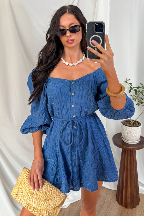 Comfortable Cool Velvet Textured Button Down Romper (Retro Blue) - NanaMacs
