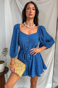 Comfortable Cool Velvet Textured Button Down Romper (Retro Blue) - NanaMacs