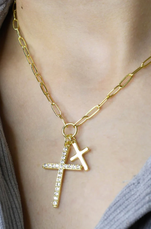 Have A Little Faith Double Cross Necklace (Gold) - NanaMacs