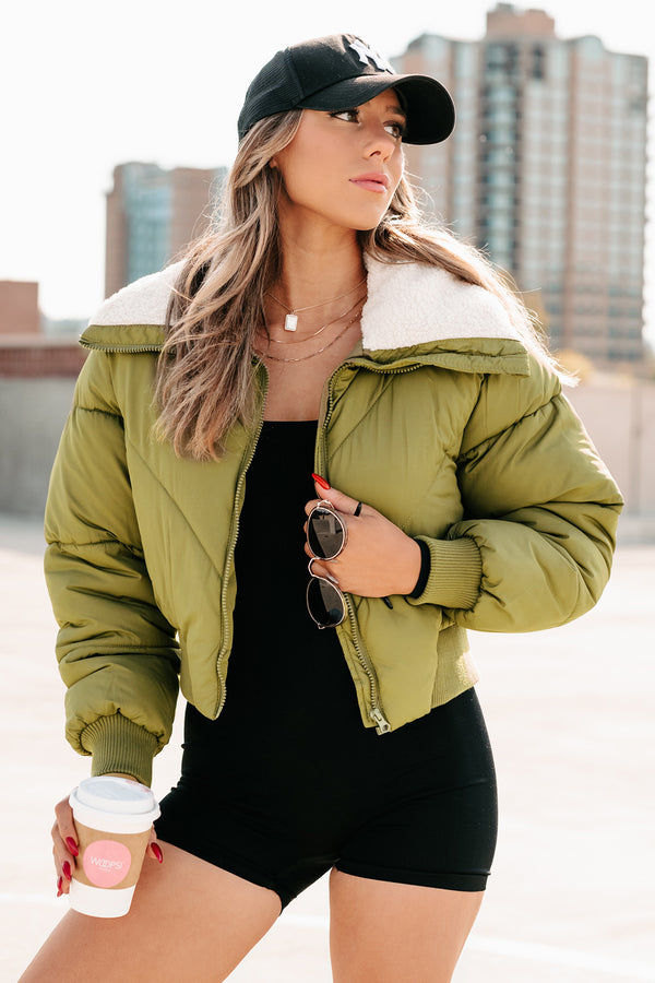 Up To Snow Good Quilted Puff Jacket (Olive) - NanaMacs